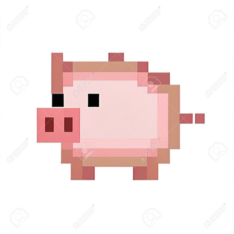 Pixel art style cute pink pig - isolated vector illustration