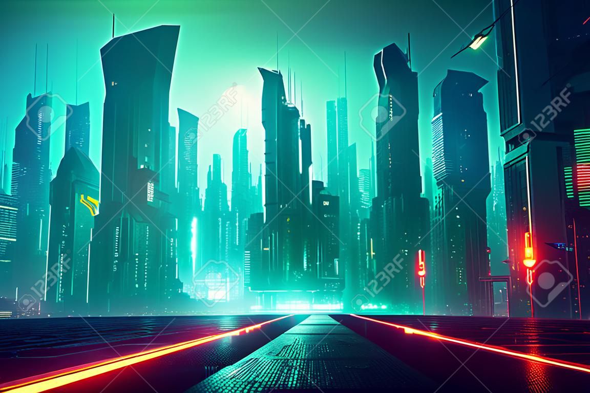 Cyberpunk stad wallpaper. Nachtzicht van een moderne stad vol technologie. Scifi stad. Fotorealistische 3d illustratie van de futuristische stad. Neon business district centrum.