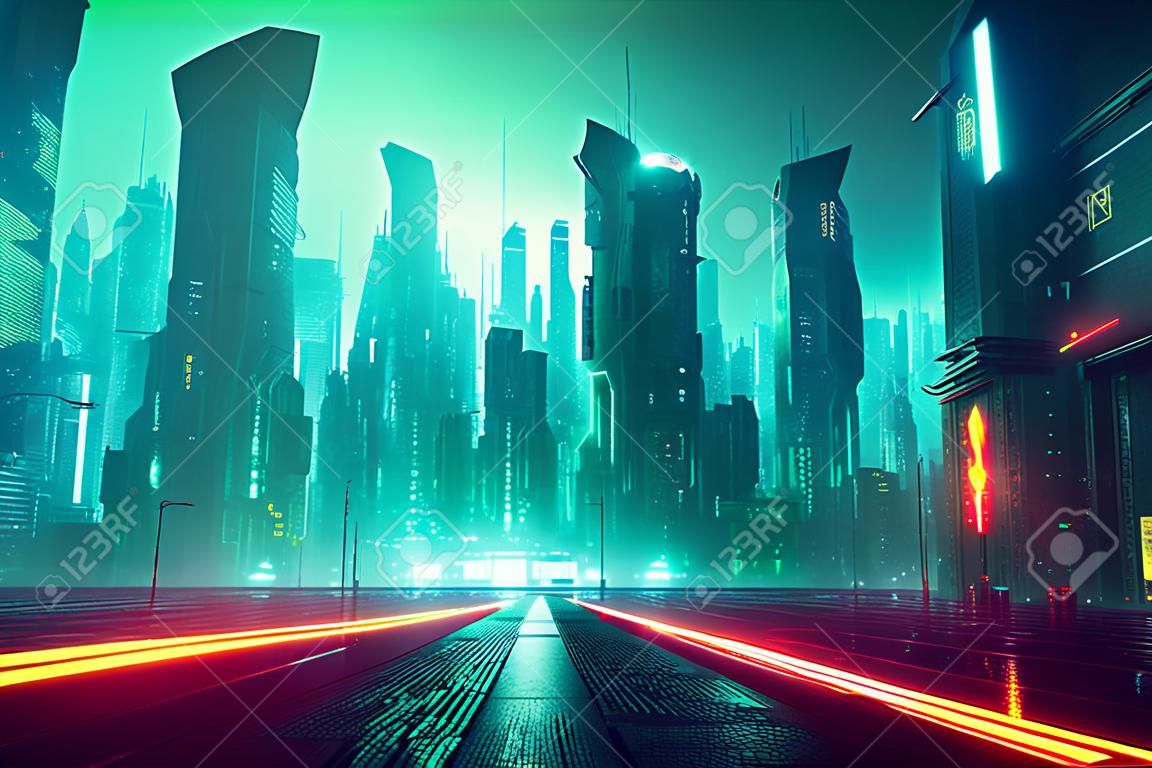 Cyberpunk stad wallpaper. Nachtzicht van een moderne stad vol technologie. Scifi stad. Fotorealistische 3d illustratie van de futuristische stad. Neon business district centrum.