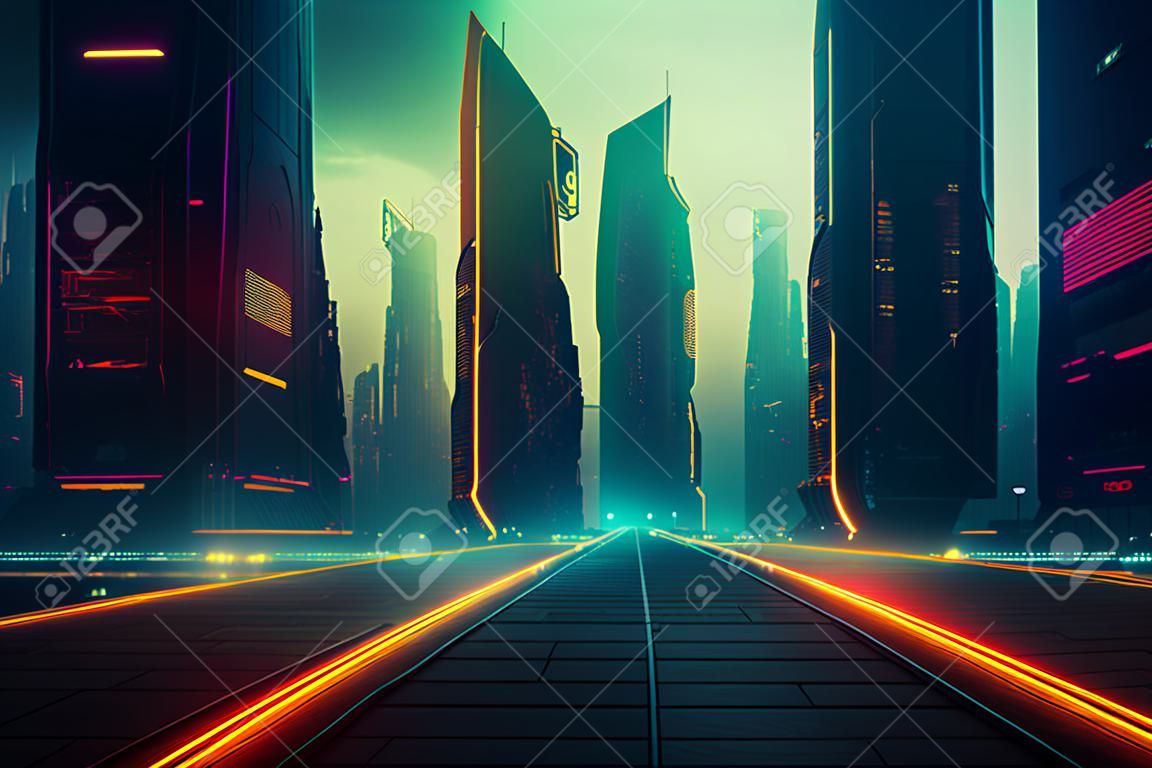 Cyberpunk town wallpaper. Night view of a modern city full of technology. Scifi town. Photorealistic 3d illustration of the futuristic city. Neon business district center.