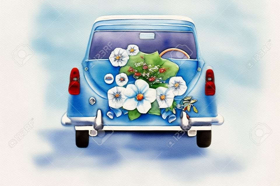 Watercolor painting, antique blue car with flowers and badges JUST MARRIED decorated to the end of the car.Vintage cars for honeymooners.
Â 