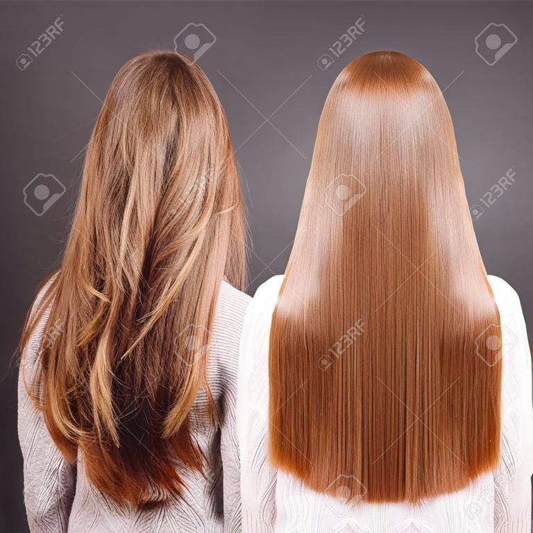 Sick, cut and healthy hair care keratin. Before and after treatment.