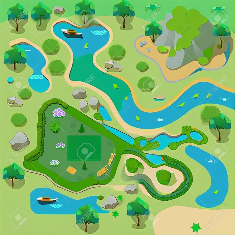 Site improvement Landscape and tourist camp in the forest. (Top view) Mountains, stones, hills, river, trees, plants, boats, lake, beach. (View from above). Terrain design. Vector illustration.