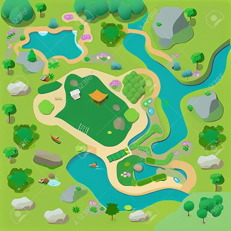 Site improvement Landscape and tourist camp in the forest. (Top view) Mountains, stones, hills, river, trees, plants, boats, lake, beach. (View from above). Terrain design. Vector illustration.