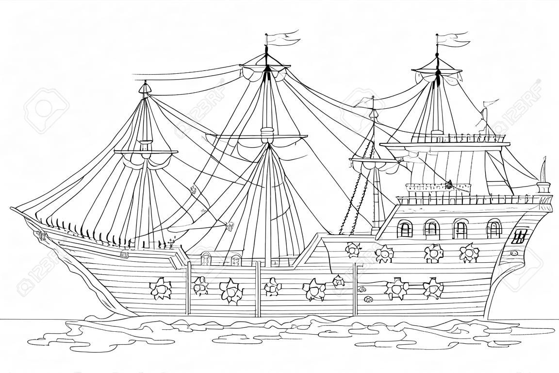 Ручной Рисовать Мультфильм Пиратский Корабль, Раскраски Раскраски Для  Взрослых. Черно-белая Векторная Иллюстрация. Клипарты, SVG, векторы, и  Набор Иллюстраций Без Оплаты Отчислений. Image 77087084