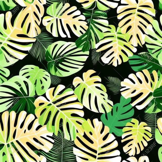 熱帶棕櫚和龜背竹的葉子，叢林葉無縫矢量花紋背景。
