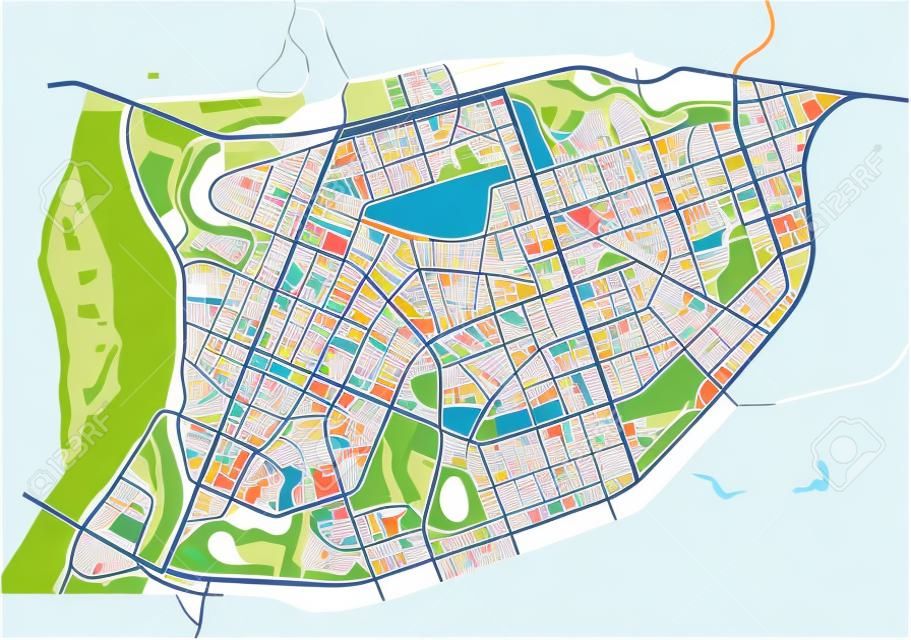 Abstract city map. Map of the fictitious scheme of road. Vector background.