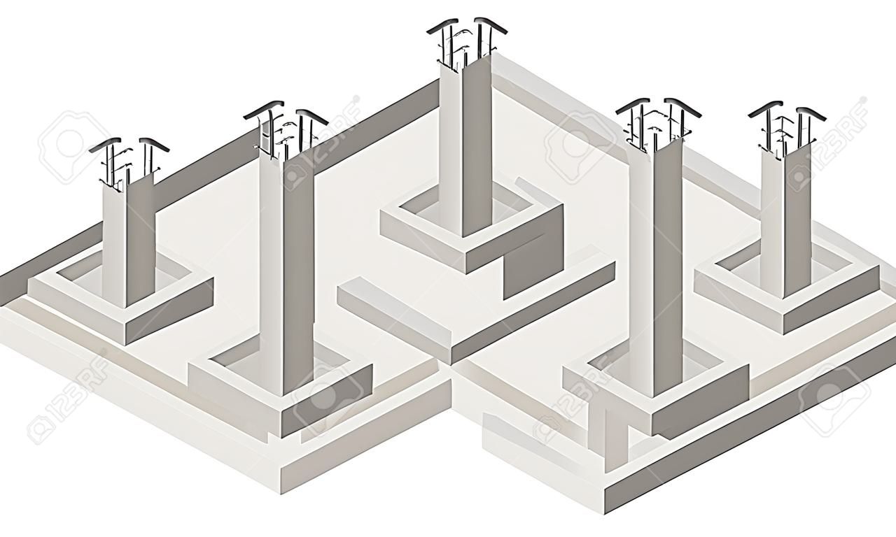 Die Stiftung stapelt sich. Bau von Gebäuden. Isometrische Ansicht. Architekturpläne und Diagramme. Vektor