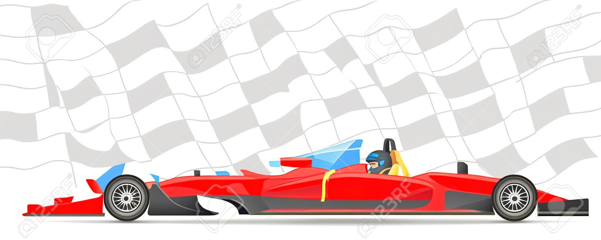 Rode race auto zijaanzicht op sport finish vlag achtergrond. Vector illustratie.