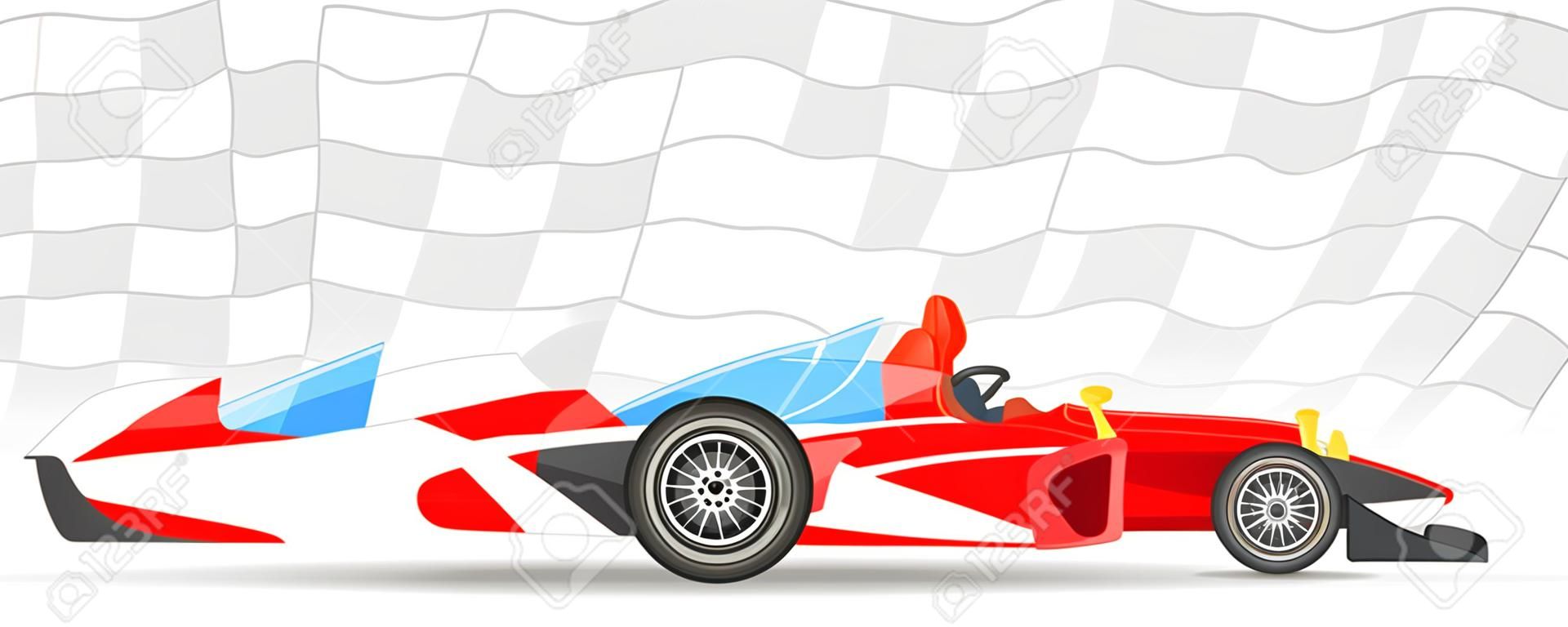 Rode race auto zijaanzicht op sport finish vlag achtergrond. Vector illustratie.