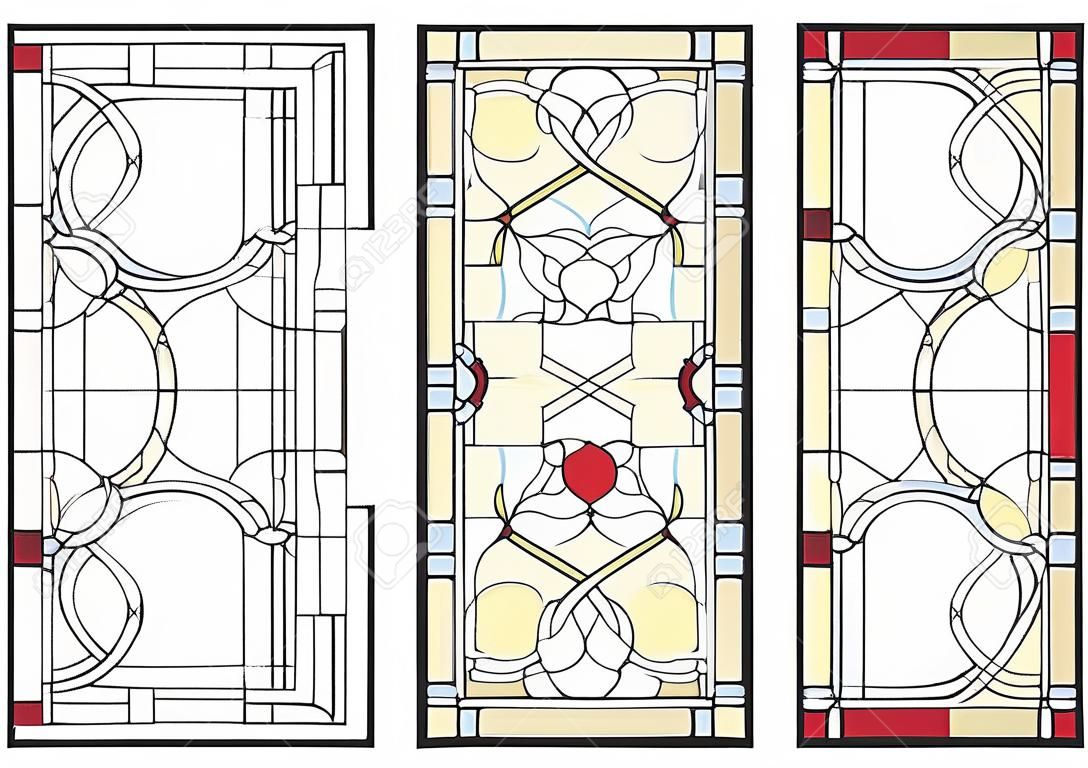 Abstract geometric floral pattern in a rectangular and square frame / Colorful stained glass window in a classic style for a ceiling or door panels. Vector set