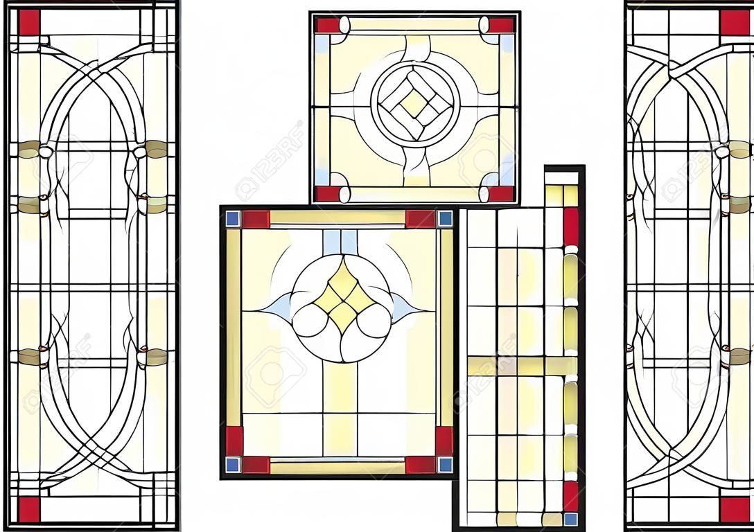 Abstract geometric floral pattern in a rectangular and square frame / Colorful stained glass window in a classic style for a ceiling or door panels. Vector set