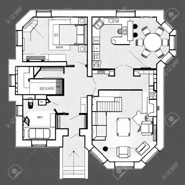 Piano architettonico in bianco e nero di una casa. Disposizione dell'appartamento con i mobili nella vista del disegno. Con cucina e servizi igienici, soggiorno e camera da letto. Vettore isolato.