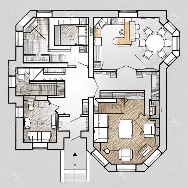 Piano architettonico in bianco e nero di una casa. Disposizione dell'appartamento con i mobili nella vista del disegno. Con cucina e servizi igienici, soggiorno e camera da letto. Vettore isolato.
