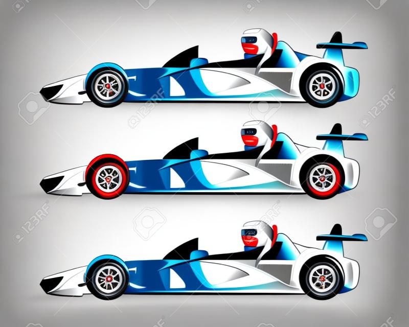 Conjunto de carros de corrida rápidos coloridos, carro de corrida esporte isolado no fundo branco. Velocidade motor drive. Ilustração vetorial