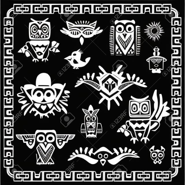 set of tribal owls. Ancient maya elements and symbols. Black and white silhouette of birds. Cartoon collection of ethnic hand drawing style. Vector illustration