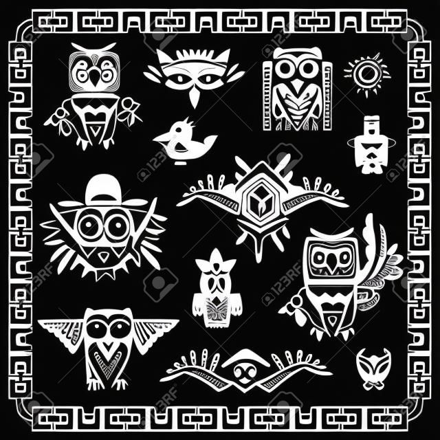 set of tribal owls. Ancient maya elements and symbols. Black and white silhouette of birds. Cartoon collection of ethnic hand drawing style. Vector illustration