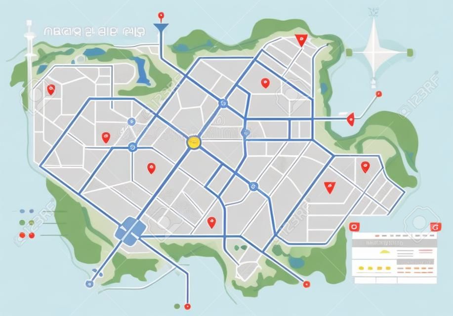 Carte générique d'une ville imaginaire, avec l'itinéraire routier spécifié. Schéma des rues de la ville sur le plan. Icônes de navigation et tableau de bord GPS. Vecteur de stock