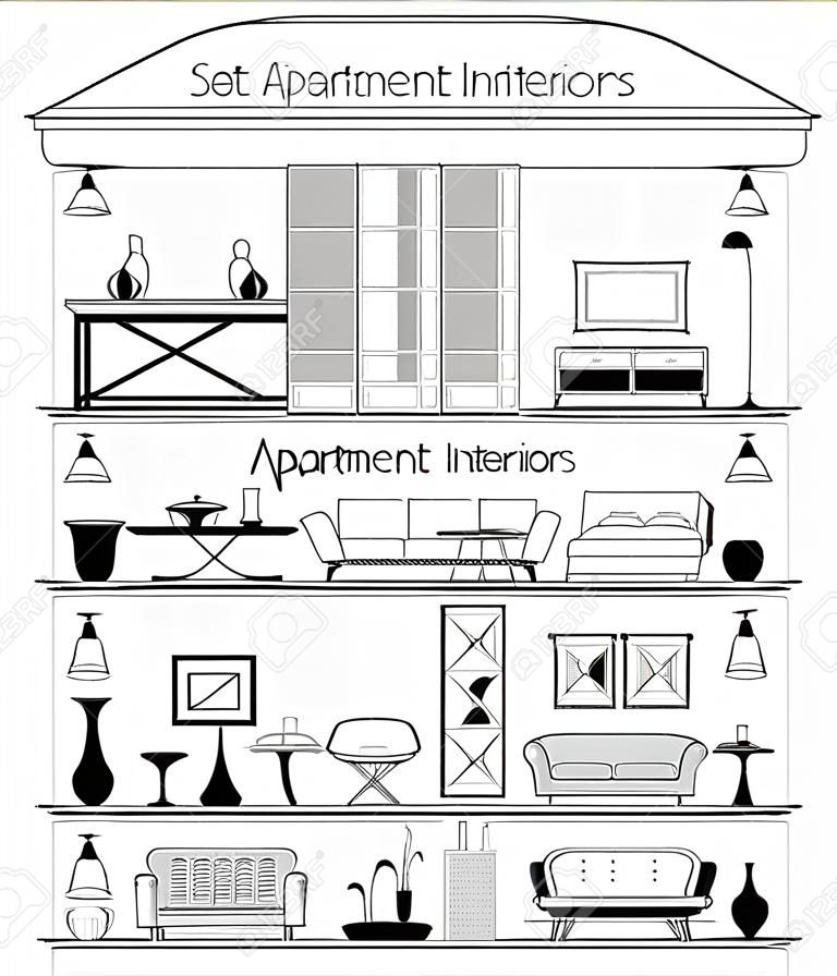 Set of apartment interiors with furniture icons. Vector illustration.