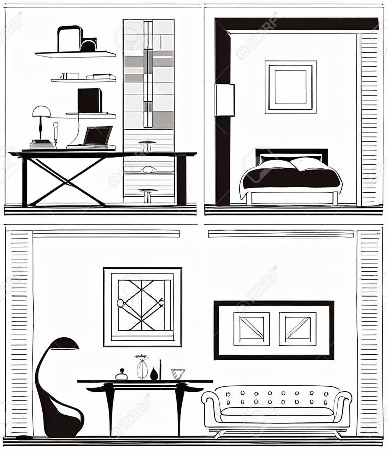 家具のアイコンとアパートのインテリアのセット。ベクトルのイラスト。