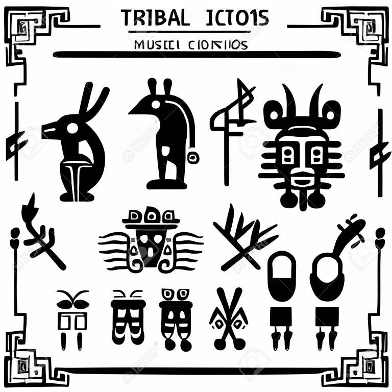 Conjunto de iconos tribales y notas musicales. Elementos antiguos y símbolos de los mayas. Silueta en blanco y negro animales dibujados a mano y criaturas fantásticas. Colección de dibujos animados de dibujo de estilo étnico. Ilustración vectorial