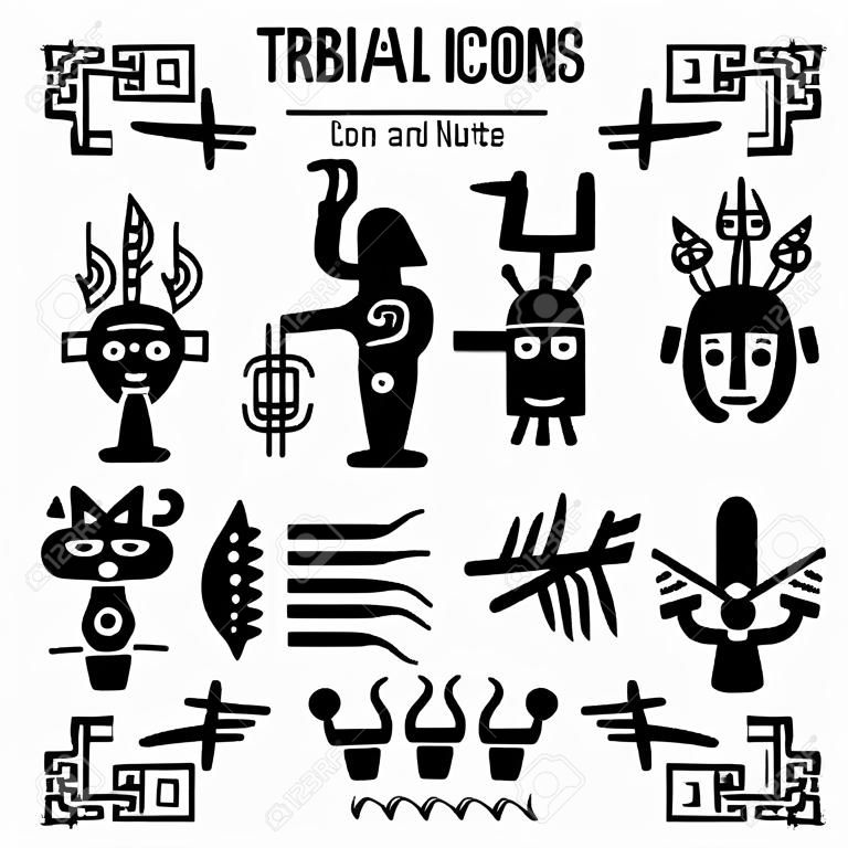 部族のアイコンと音符のセット。マヤの古代の要素とシンボル。黒と白のシルエット手描きの動物や幻想的な生き物。漫画のエスニックスタイルの図面のコレクション。ベクターの図。