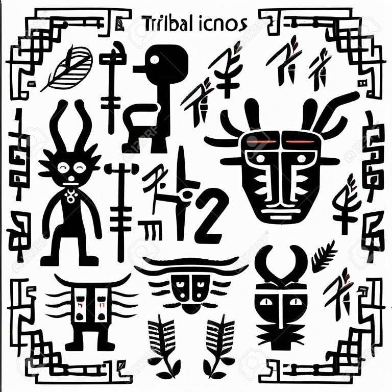 部族のアイコンと音符のセット。マヤの古代の要素とシンボル。黒と白のシルエット手描きの動物や幻想的な生き物。漫画のエスニックスタイルの図面のコレクション。ベクターの図。