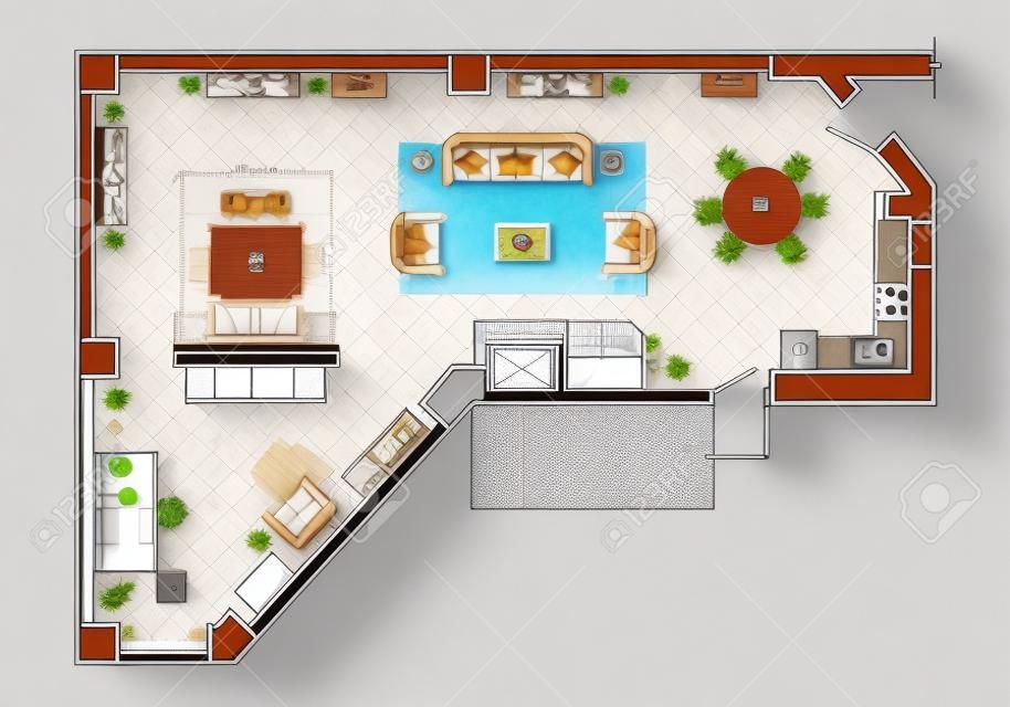 Floor plan, top view. The interior design terrace. The cottage is a covered veranda. Layout of the apartment with the furniture. Vector architecture