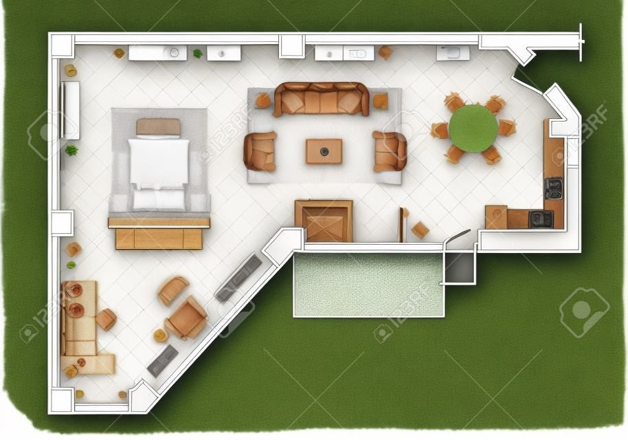 Plan d'étage, vue de dessus. La terrasse design d'intérieur. Le chalet est une véranda couverte. Disposition de l'appartement avec le mobilier. Architecture vectorielle