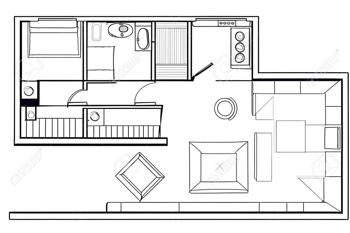 Piano architettonico di una casa. Disposizione della vista dall'alto dell'appartamento con i mobili nella vista del disegno. Con bagno soggiorno e camera da letto. Il progetto di interior design. Icone architettoniche vettoriali.