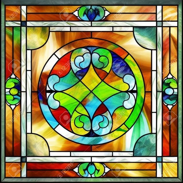 Paneles de techo vidriera. Flor abstracta, remolinos y hojas en un marco cuadrado, adorno geométrico, composición simétrica, estilo clásico.