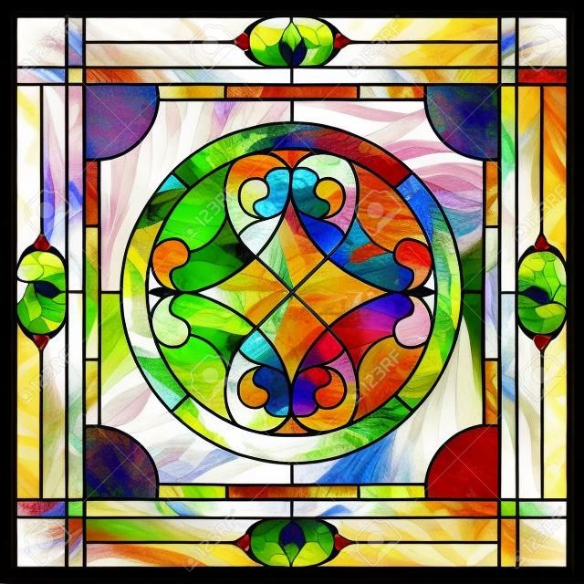 Paneles de techo vidriera. Flor abstracta, remolinos y hojas en un marco cuadrado, adorno geométrico, composición simétrica, estilo clásico.