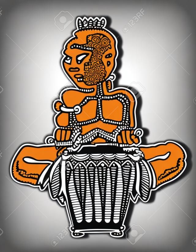 Baterista africano. Jogadores de percussão. Bongo tribal ou música djembe. Logotipo da etiqueta Desenho da mão preto e branco no estilo étnico. Ilustração vetorial