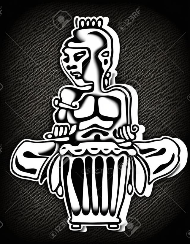 Baterista africano. Jogadores de percussão. Bongo tribal ou música djembe. Logotipo da etiqueta Desenho da mão preto e branco no estilo étnico. Ilustração vetorial