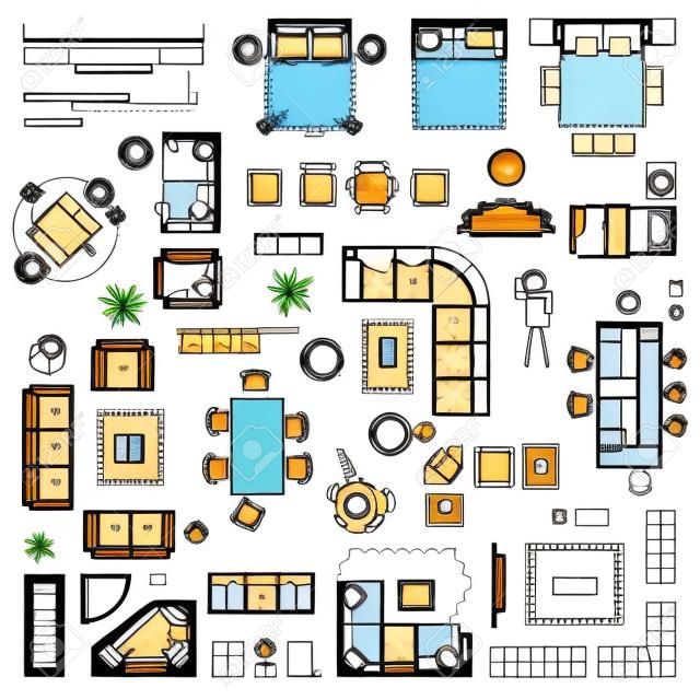 設計インテリアおよび建築プロジェクト(上からのビュー)に設定された平面図アイコン。レイアウトの上のビューに家具の細い線のアイコン。ブループリントアパートメント。ベクトル