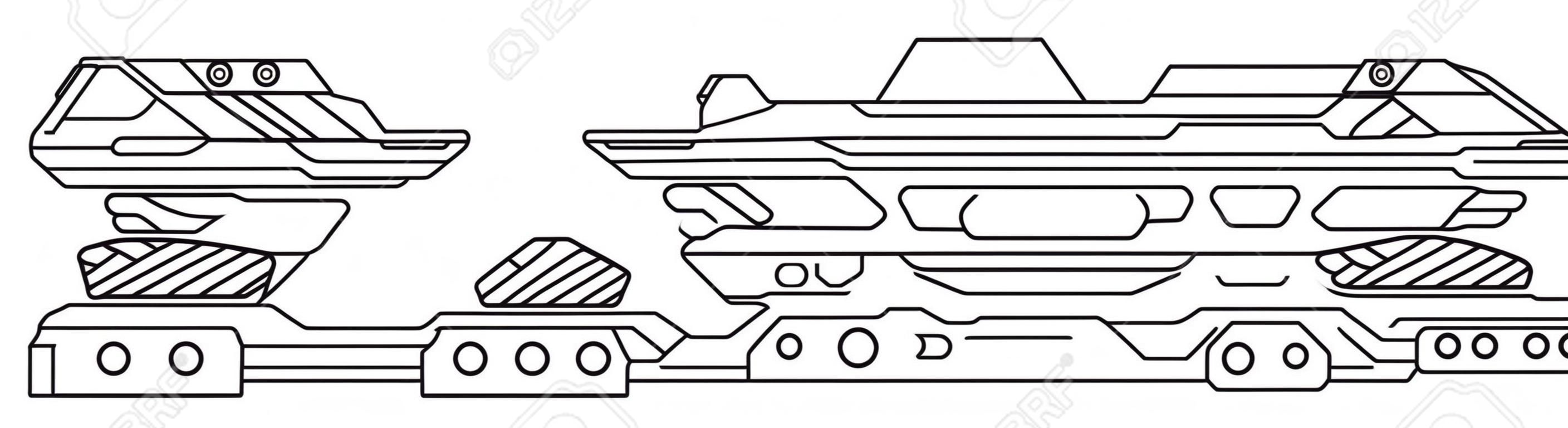 Futuristic outer space battle starship. UFO (unidentified flying object) aliens. Detailed vector illustration