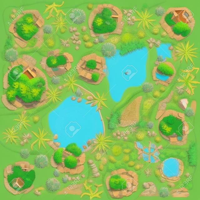 Site improvement Landscape and tourist camp in the forest. (Top view) Pond, stones, trees, plants, lake, beach. (View from above). Terrain design. Vector illustration.