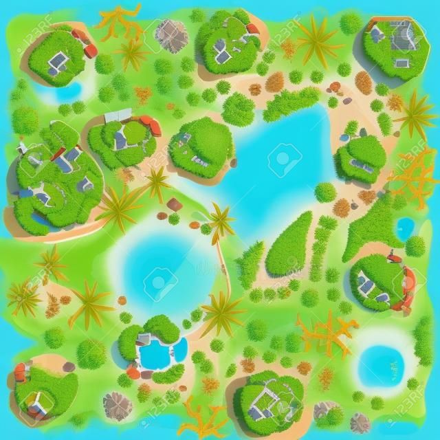 Site improvement Landscape and tourist camp in the forest. (Top view) Pond, stones, trees, plants, lake, beach. (View from above). Terrain design. Vector illustration.