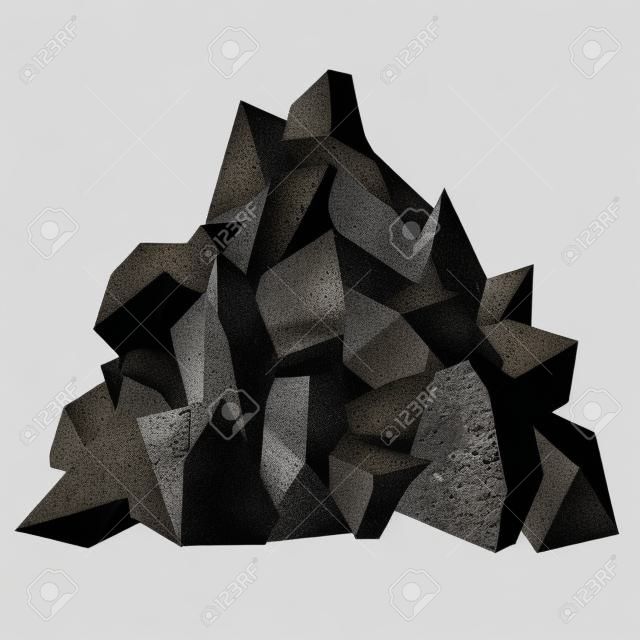 Pilha de carvão. Pedaços de pedra fóssil, cor preta. Imagem vetorial isolada no fundo branco