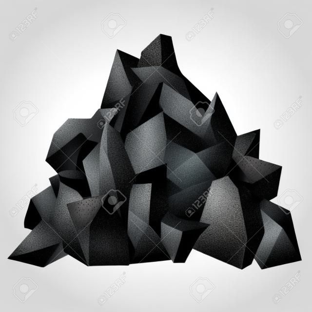 Kupie węgla. Kawałki skamieniałości, kolor czarny. Grafika wektorowa na białym tle
