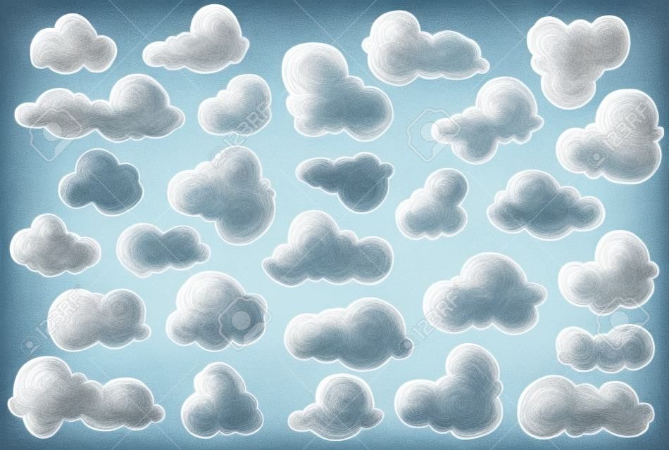 Hand drawn clouds set. Scribble style. Chalk drawing texture. Doodle vector collection