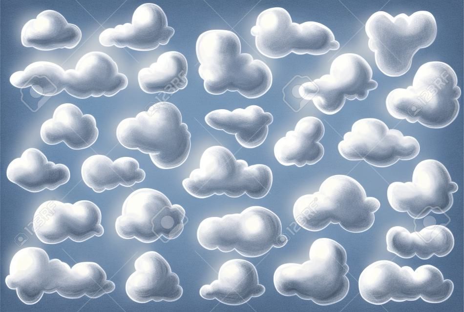 Hand drawn clouds set. Scribble style. Chalk drawing texture. Doodle vector collection