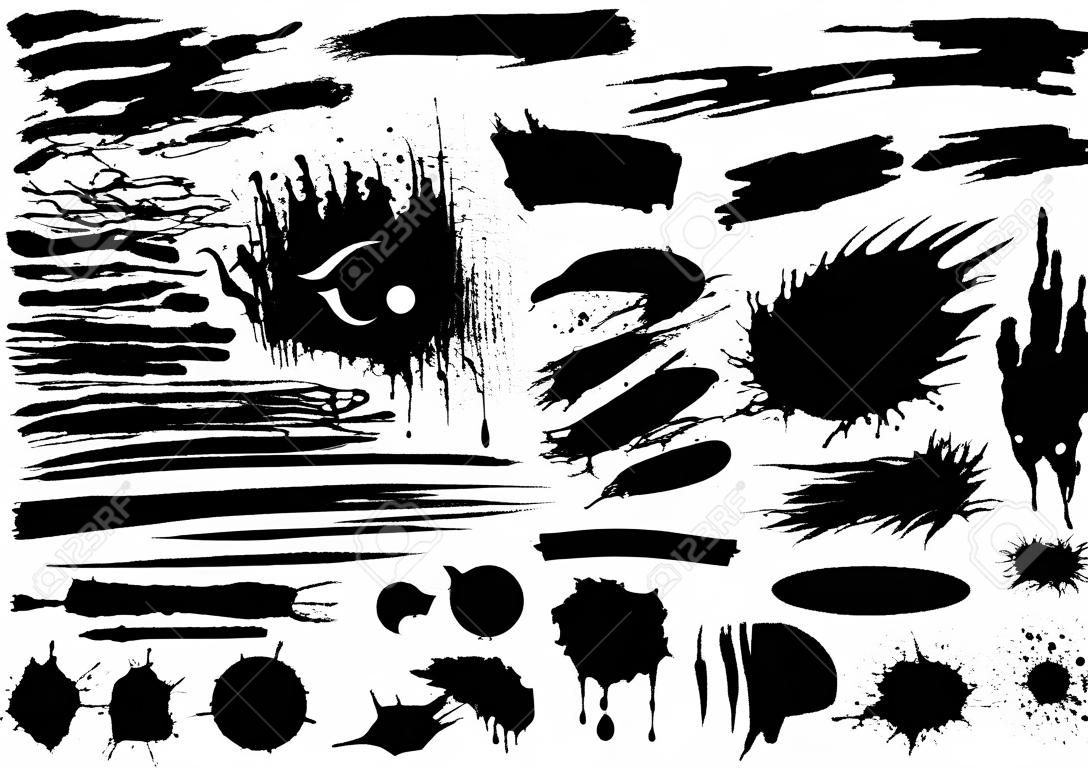 Conjunto de tinta preta, pinceladas de tinta, pincéis, linhas. Elementos de design grunge artístico sujos. Vector