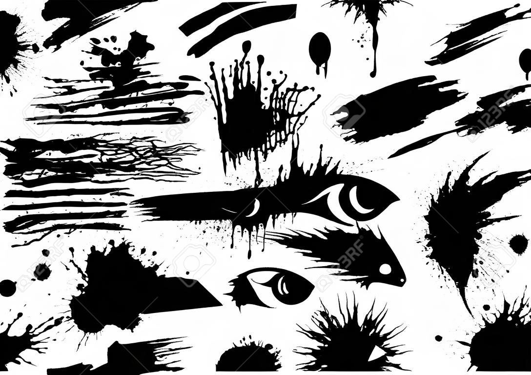 Set di vernice nera, pennellate di inchiostro, pennelli, linee. Elementi di disegno artistico sporchi del grunge. Vettore