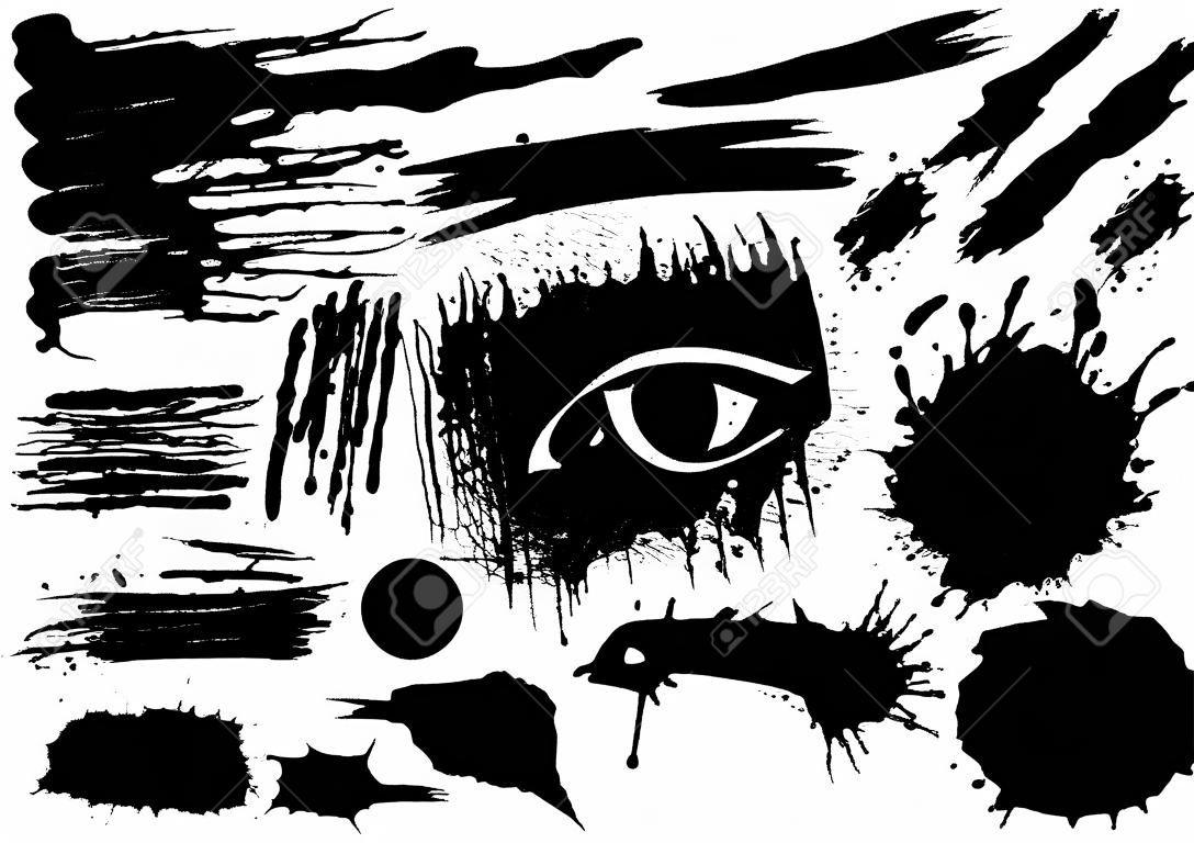 Set di vernice nera, pennellate di inchiostro, pennelli, linee. Elementi di disegno artistico sporchi del grunge. Vettore