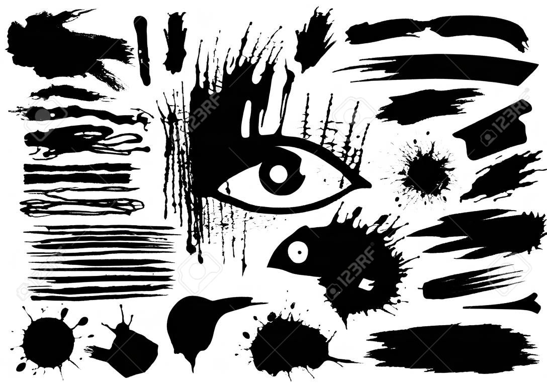 Set van zwarte verf, inkt penseelstreken, penselen, lijnen. Vuile artistieke grunge design elementen. Vector