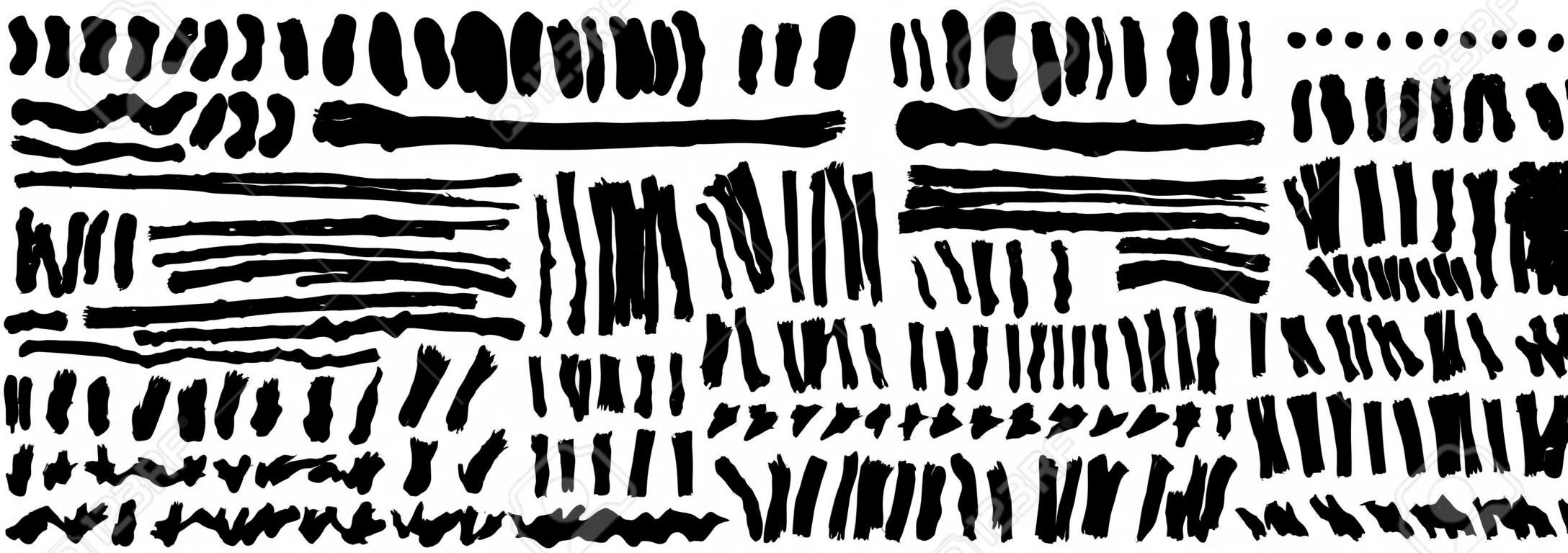 Conjunto de mano dibuja pintura negra, trazos de pincel de tinta, pinceles, líneas. Elementos de diseño grunge artístico sucio. Vector
