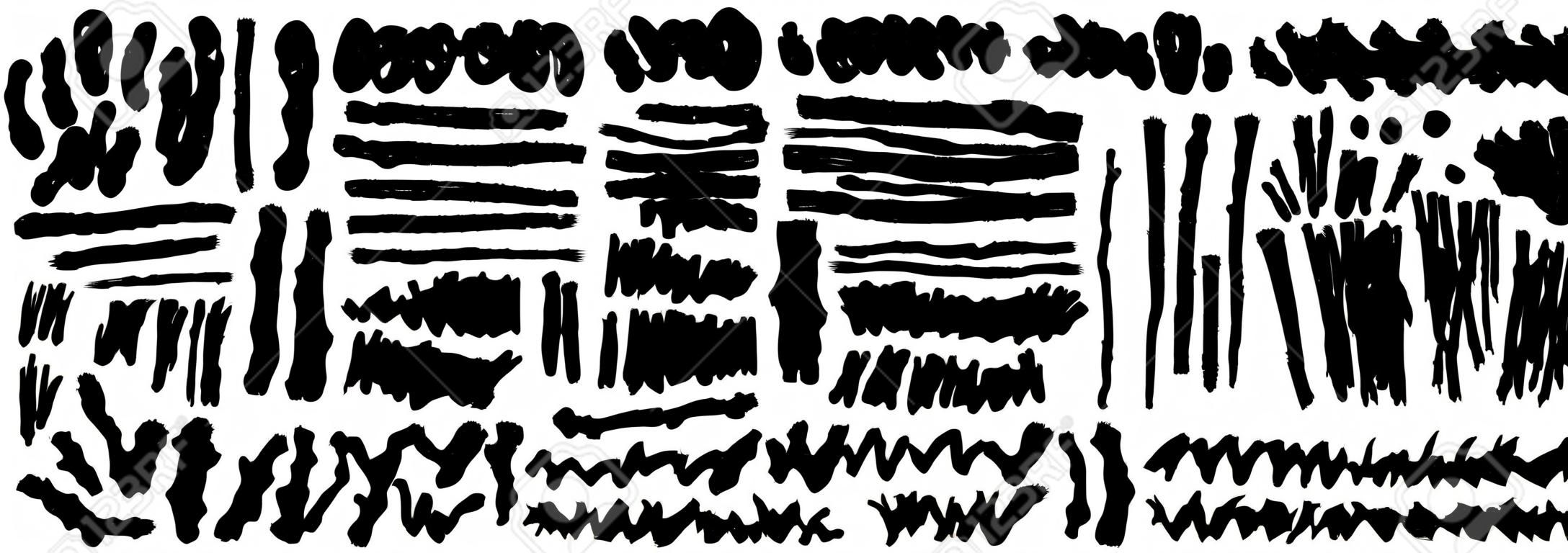 Conjunto de mano dibuja pintura negra, trazos de pincel de tinta, pinceles, líneas. Elementos de diseño grunge artístico sucio. Vector