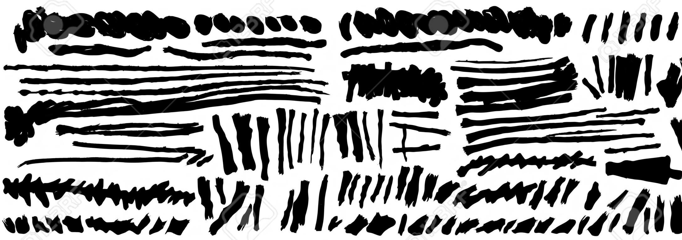 手のセットは、黒いペンキ、インクブラシストローク、ブラシ、線を描きます。汚れた芸術的なグランジデザイン要素。ベクトル