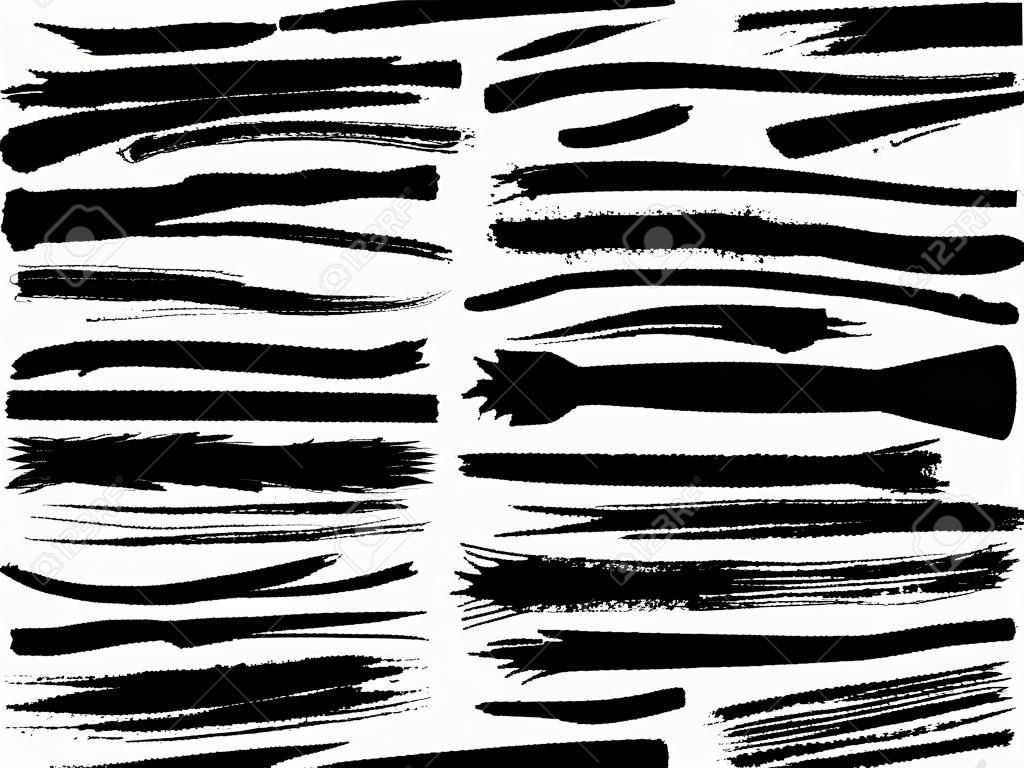 Set different grunge brush strokes. Dirty artistic design elements isolated on white background. Black paint hand made, dry ink vector brush strokes